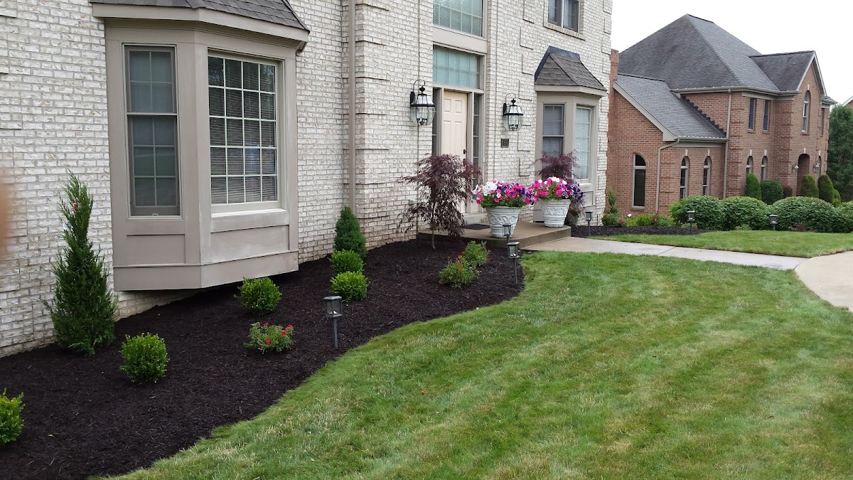 Freshly mulched landscape bed with new shrubs along the foundation of a brick home